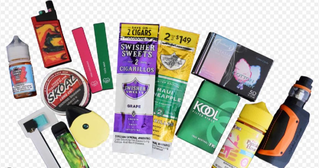 Close-up view of a variety of tobacco products
